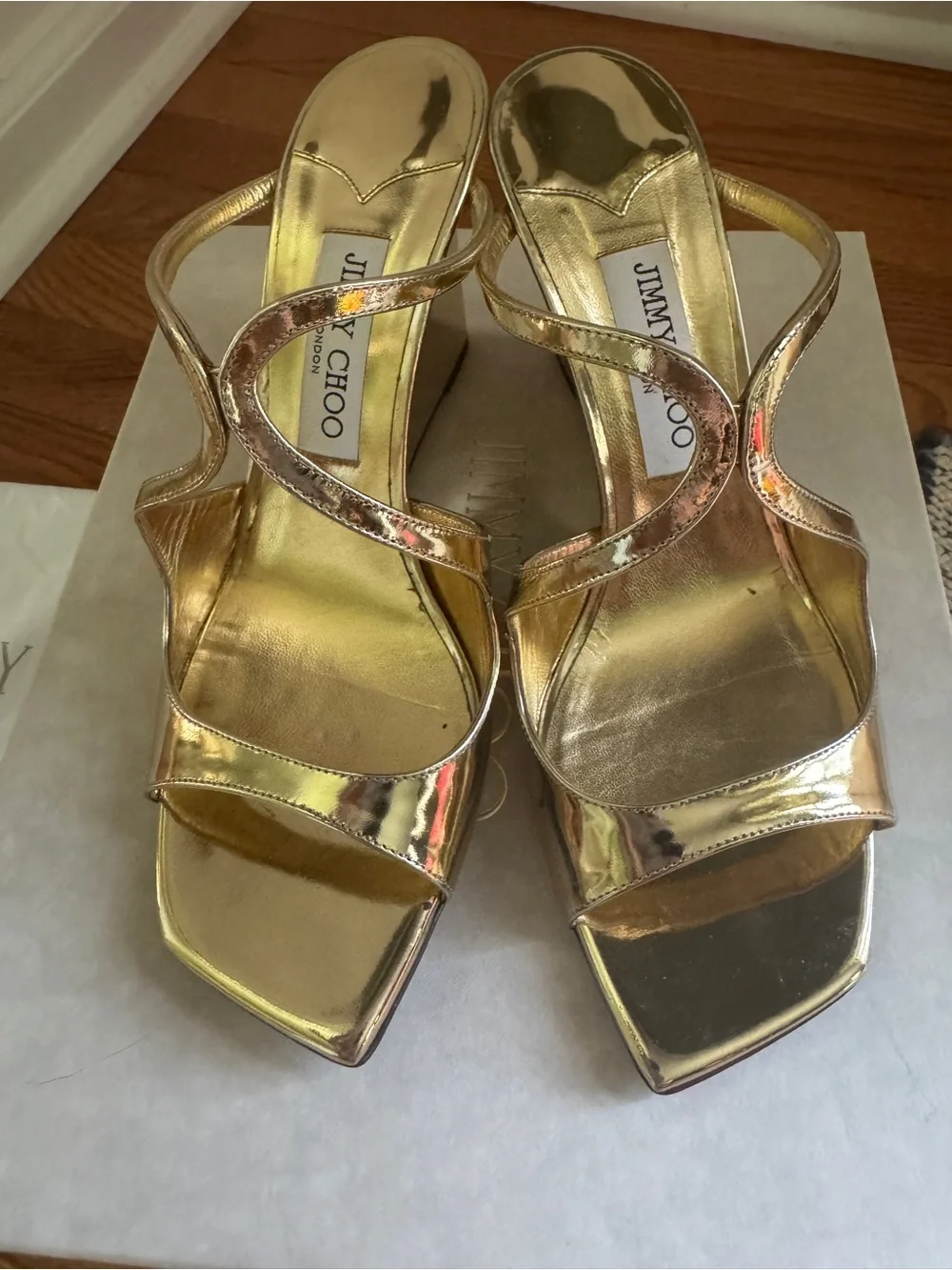 Jimmy Choo Gold Anise Liquid Metal Wedge Sandals 38.5